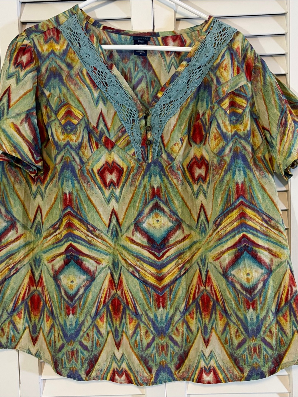 Basic Editions Multicolor Aztec Print Tunic with Teal Lace V-Neck
